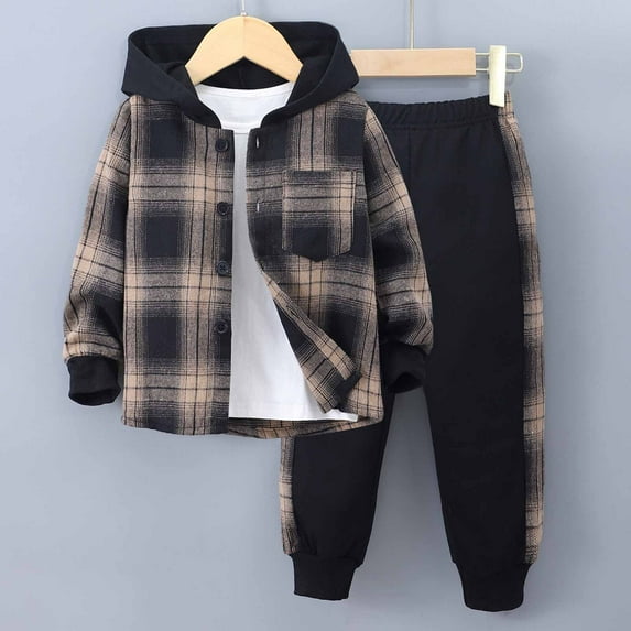 Hicidod Toddler Boys Girls Tracksuit Set Long Sleeve Button Hooded Plaid Shirt Jacket And Sweatpant Outfit Loose Fit Cozy Sweatsuit