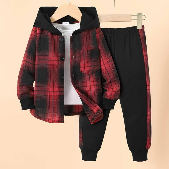 Hicidod Toddler Boys Girls Tracksuit Set Long Sleeve Button Hooded Plaid Shirt Jacket And Sweatpant Outfit Loose Fit Cozy Sweatsuit