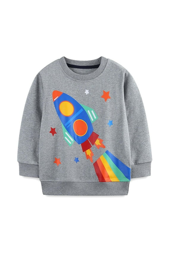Toddler Boys Sweatshirt Crew Neck Cotton Long-Sleeve Pullover Tops Fall Cute Cartoon Print Soft Casual Sweatshirts