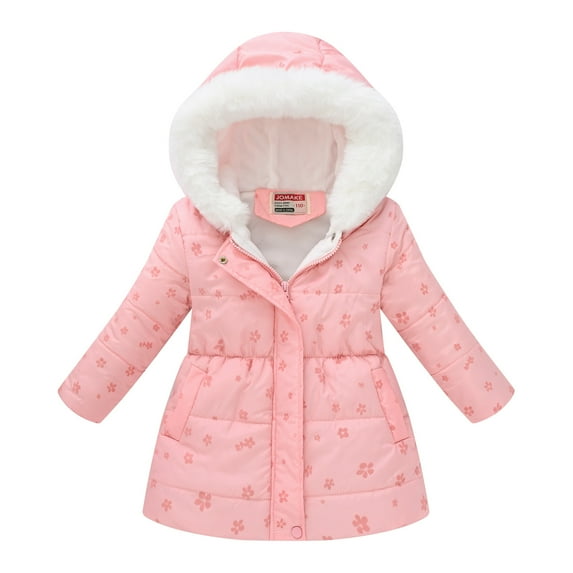 Hicidod Toddler Girls Winter Jacket Cute Print Padded Warm Puffer Down Coat Waist Zipper Windproof Hooded Cotton Outwear