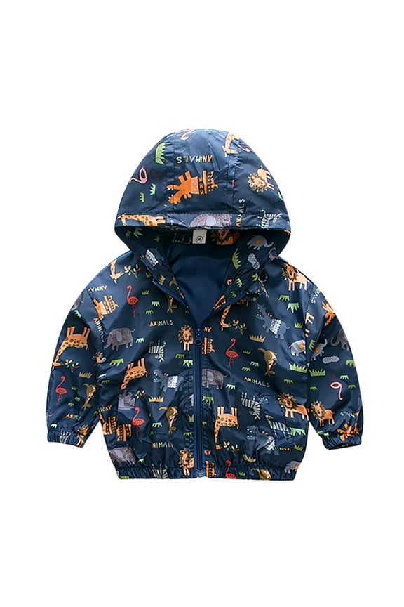 Toddler Jackets Hooded Long Sleeve Zip Up Rain Lightweight Coats Cartoon Dinosaur Print Windproof Windbreaker Outerwear