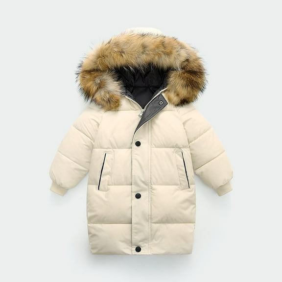 Hicidod Toddler Puffer Jacket Fashion Light Thicken Long Girls Boys Down Coat Zipper Packable Warm Winter Jackets with Fur Trimmed Hood