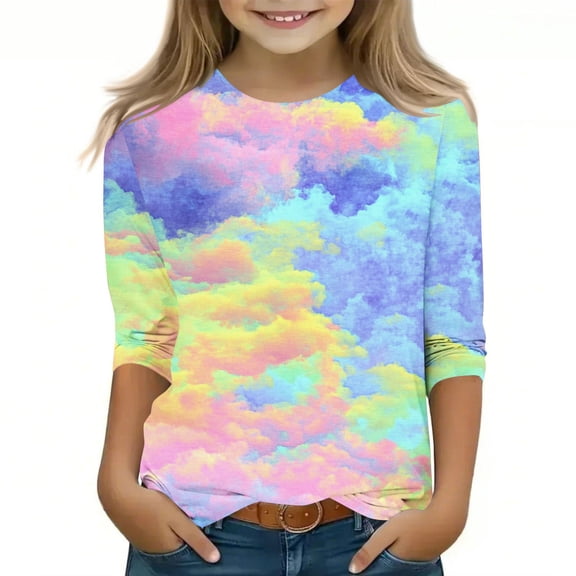 Hicidod Toddler Shirts 3/4 Length Sleeve Crewneck Tops Fashion Tie-Dye Spring Summer Pullover Clothes for Kids Girls Boys