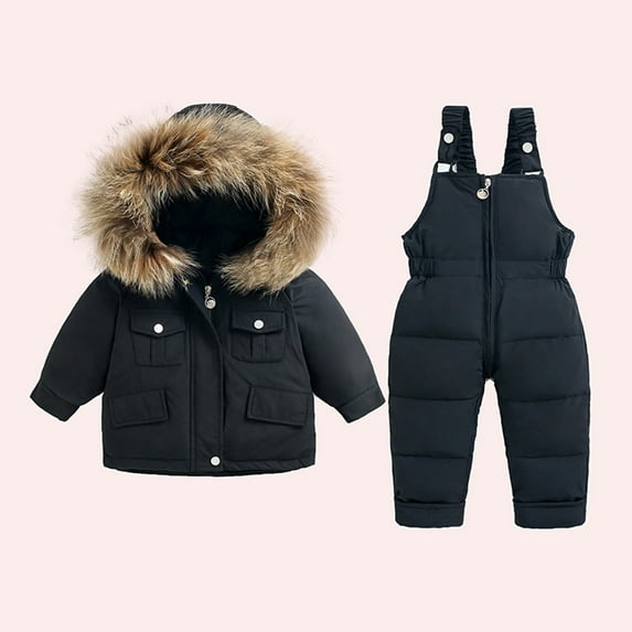 Hicidod Toddler Snow Suit Fashion Solid Down Snow Pant And Puffer Jacket Bib Hooded Waterproof Winter Snowboarding Kids Ski Suit