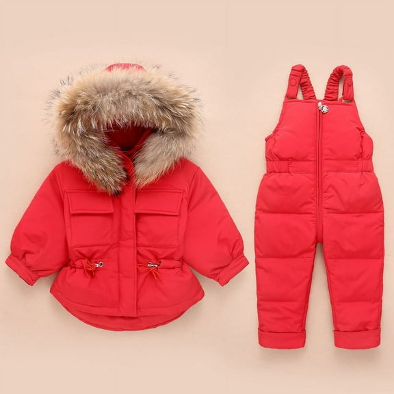 Hicidod Toddler Snow Suit Hooded Windproof Fashion Solid Toddler Snowsuit Thicken Winter Puffy Ski Snow Pant And Jacket Bib Set