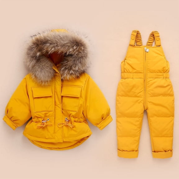 Hicidod Toddler Snow Suit Hooded Windproof Fashion Solid Toddler Snowsuit Thicken Winter Puffy Ski Snow Pant And Jacket Bib Set