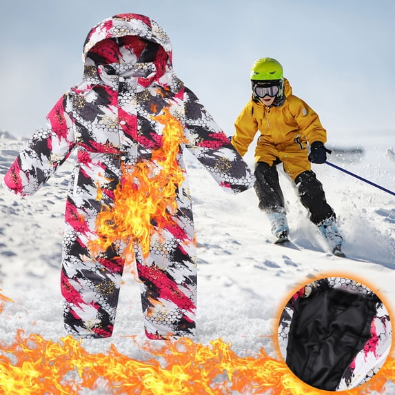 Hicidod Kids Girls Boys Ski Suit One Piece Hooded Snowboard Snowsuit Jumpsuits Coveralls Trendy Printed Waterproof Windproof Snow Suit