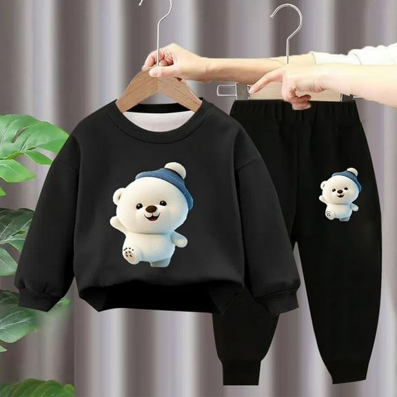 Hicidod Toddler Tracksuit Set Cute Bear Printed Fleece Lined Sweatsuit Sets Long Sleeve Pullover Sweatshirt Pants 2pcs Outfits