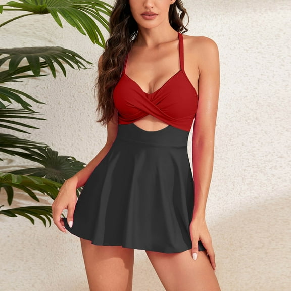 Hicidod Women Cutout One Piece Skirt Swimsuit V Neck Wrap Tie Back Swimdress Tummy Control Fashion Color Block Bathing Suits