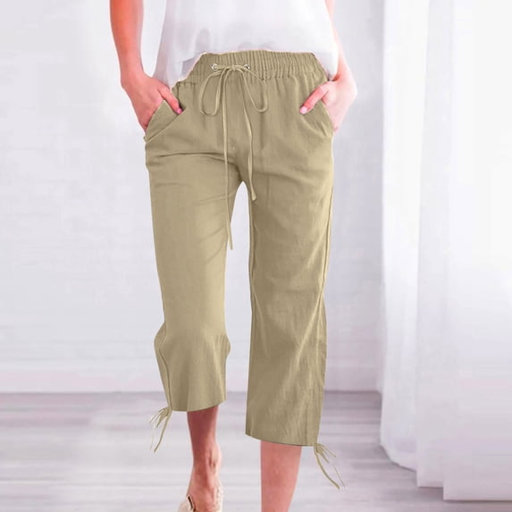 Hicidod Women Linen Capri Pants Casual Summer Drawstring Elastic High Waist Cropped Trousers Wide Leg Solid Straight Capris Pant
