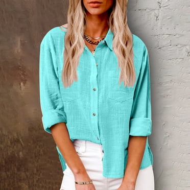 Hicidod Women Oversized Button Down Shirts Drop Shoulder Cotton Linen Blouse Long Sleeve Casual Solid Tunic Tops with Pockets