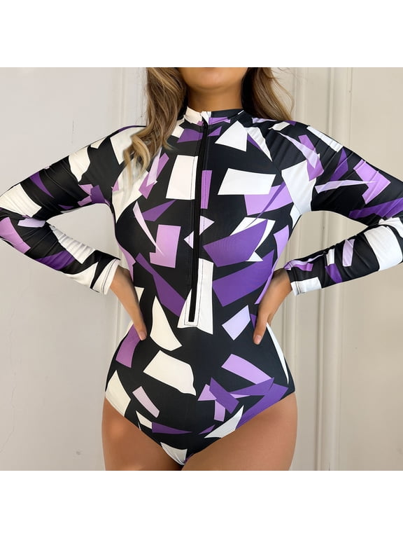 Women Plus Size Rash Guard Swimsuits Zip Up High Stretchy Long Sleeve Swimwear One Piece Sun Protection Diving Bathing Suit