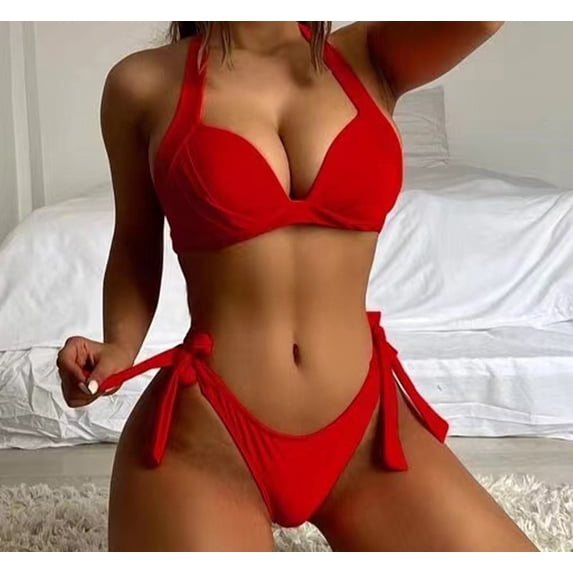 Hicidod Women Swimsuit 2 Piece V Neck Triangle Top Wide Straps Bikini Set Fashion Solid Side Knot Bathing Suits