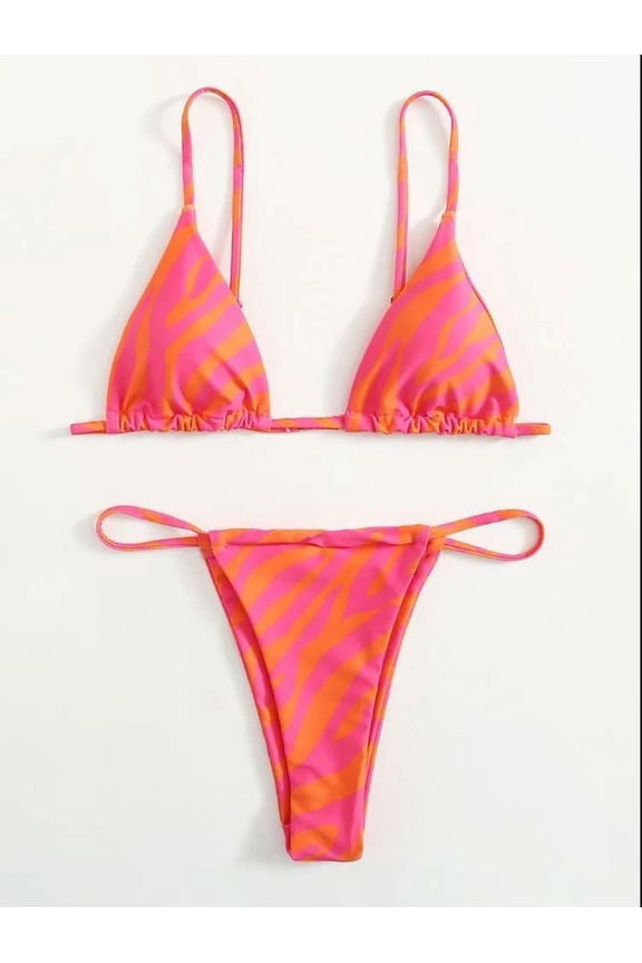 Women Two Piece Thong Bikini Set Sexy Halter Triangle Swimsuit Fashion Printed String Brazilian Bathing Suits