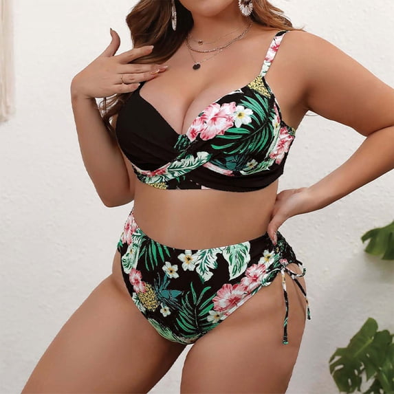 Hicidod Women's Bikini Swimsuits 2 Piece Plus Size Halter Tummy Control Bathing Suits High Waisted Printed Push Up Swimwear