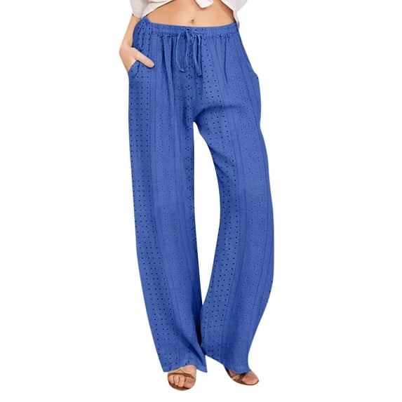 Hicidod Women's Cotton Linen Pants Summer Light Thin Solid Wide Leg Casual Loose Drawstring High Waist Palazzo Pants with Pockets