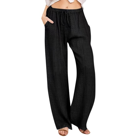 Hicidod Women's Cotton Linen Pants Summer Light Thin Solid Wide Leg Casual Loose Drawstring High Waist Palazzo Pants with Pockets