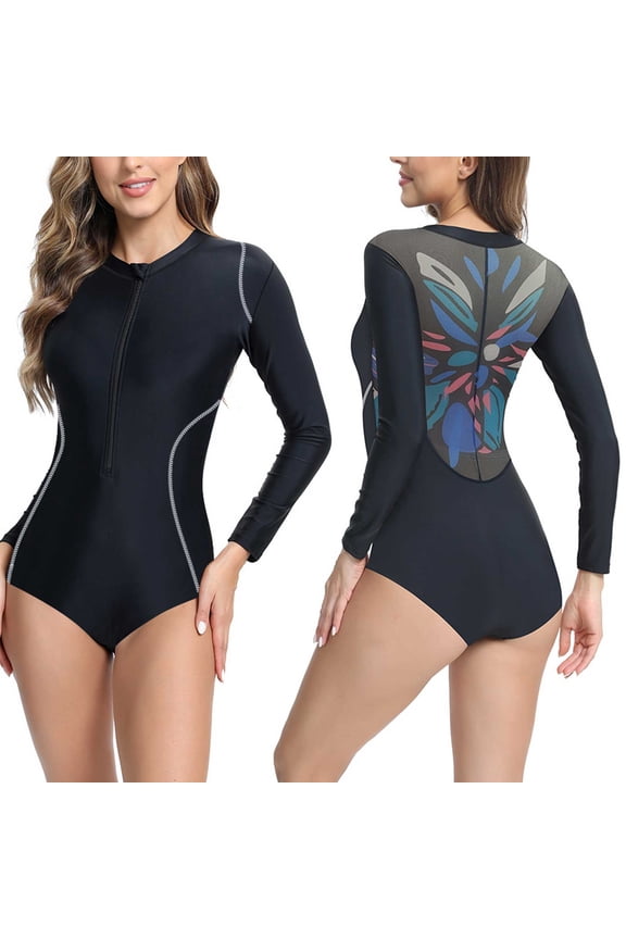 Women's Swimsuit Long Sleeve Rash Guard UV Protection Wetsuit Front Zipper Printed Athletic Surfing One Piece Bathing Suit