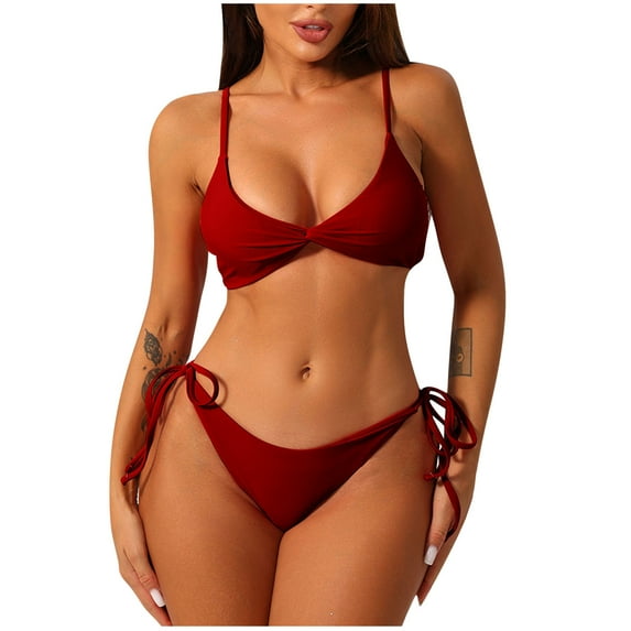Hicidod Womens Bikini Set Fashion Solid Swimsuit V Neck Knot Front Push Up High Leg Thong Padded Beach Bathing Suits two Piece