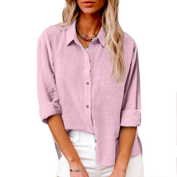 Hicidod Womens Button Down Shirts V Neck Long Sleeve Tops Cotton Linen Loose Fit Solid Lightweight Casual Blouse with Pocket