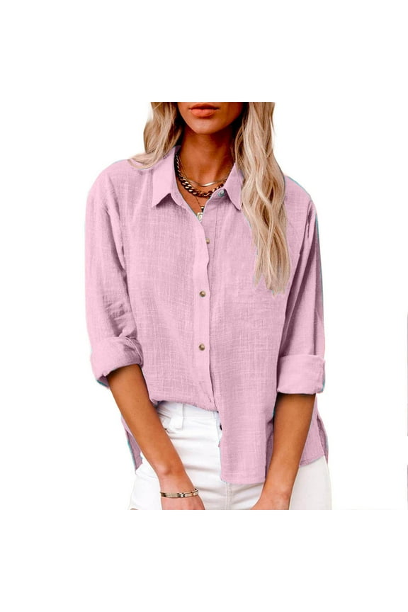 Womens Button Down Shirts V Neck Long Sleeve Tops Cotton Linen Loose Fit Solid Lightweight Casual Blouse with Pocket