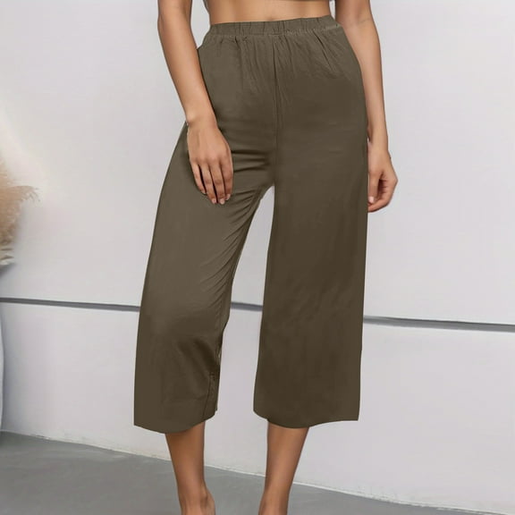 Hicidod Womens Capri Pants Linen Lightweight Wide Leg Cropped Pants Trendy Solid Elastic High Waist Straight Casual Trouser for Summer