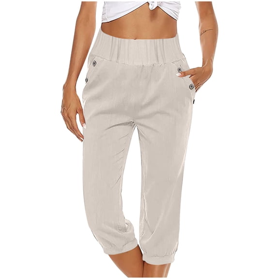 Hicidod Womens Capris Pants High Waist Drawstring Comfy Casual Pants Cotton Linen Loose Trousers Buttons Trim with Pockets