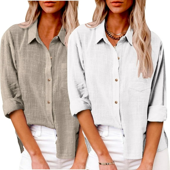 Hicidod Womens Cotton Linen Button Down Shirt 2 Pack Spring Casual Long Sleeve Solid Shirts Loose Work Tops with Pockets
