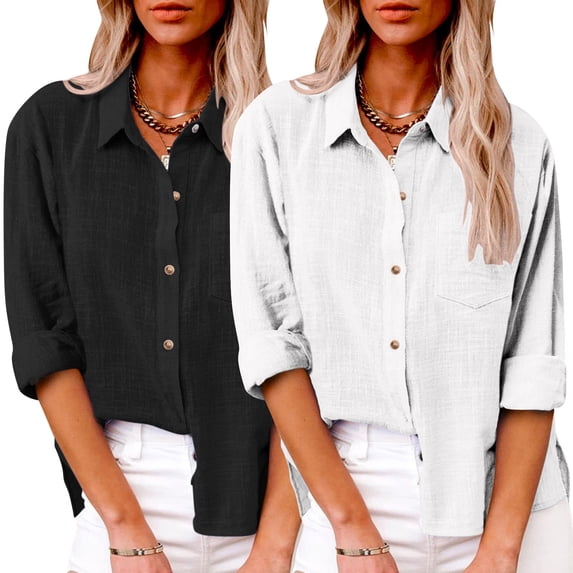Hicidod Womens Cotton Linen Button Down Shirt 2 Pack Spring Casual Long Sleeve Solid Shirts Loose Work Tops with Pockets