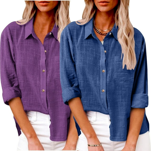Hicidod Womens Cotton Linen Button Down Shirt 2 Pack Spring Casual Long Sleeve Solid Shirts Loose Work Tops with Pockets