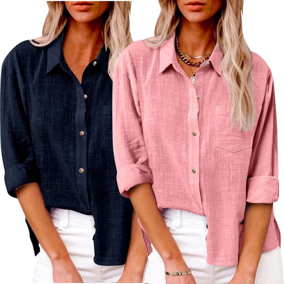 Hicidod Womens Cotton Linen Button Down Shirt 2 Pack Spring Casual Long Sleeve Solid Shirts Loose Work Tops with Pockets