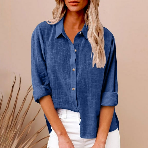 Hicidod Womens Shirts Long Sleeve Loose Cotton Linen Button Up Blouses Fashion Solid Loose Fit Casual Light Shirt Tops with Pocket