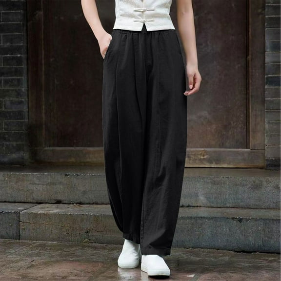 Hicidod Womens Summer Casual Pants Cotton Linen Loose Fit Trousers Elastic High Waisted Trendy Solid Pants with Pockets