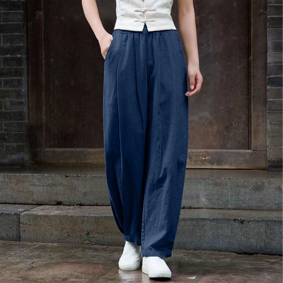 Hicidod Womens Summer Casual Pants Cotton Linen Loose Fit Trousers Elastic High Waisted Trendy Solid Pants with Pockets
