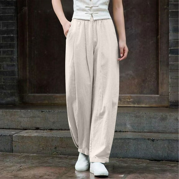 Hicidod Womens Summer Casual Pants Cotton Linen Loose Fit Trousers Elastic High Waisted Trendy Solid Pants with Pockets