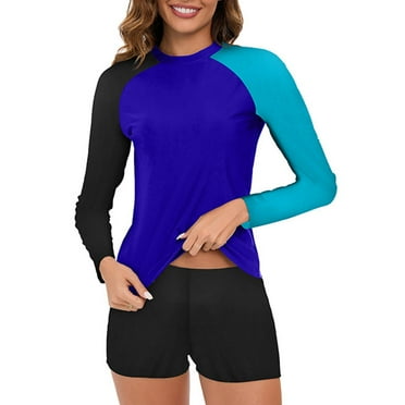 Hicidod Womens Swimsuits Two Piece Rash Guard Long Sleeve Swimwear Uv Upf 50+ Bathing Suit Fashion Print Swim Shirt with Boyshort Bottom