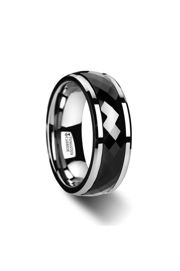 Hickok Polished Diamond Faceted Black Ceramic Spinner Ring With Beveled Edges