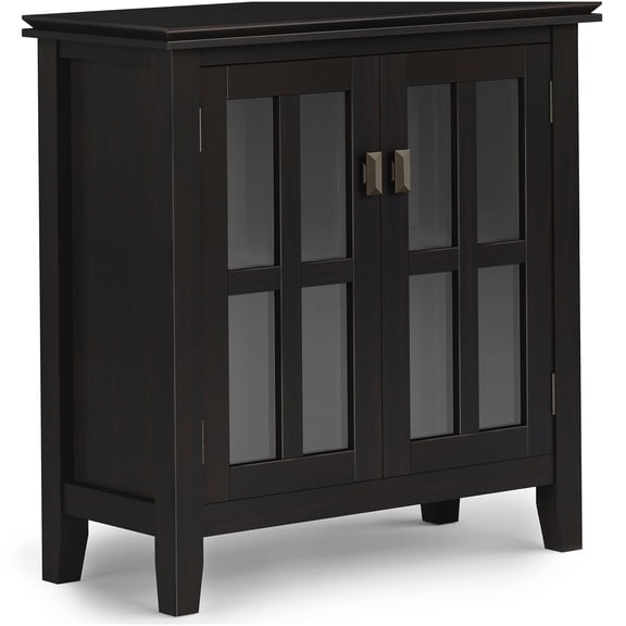 Hickory Brown Low Storage Cabinet with Glass Doors, Solid Wood Multipurpose Organizer for Living Room, Entryway, Dining Room