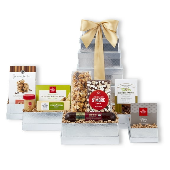 Hickory Farms Shimmering Silver Gift Tower, 9 pieces | Summer Sausage, Cheese, & Sweets