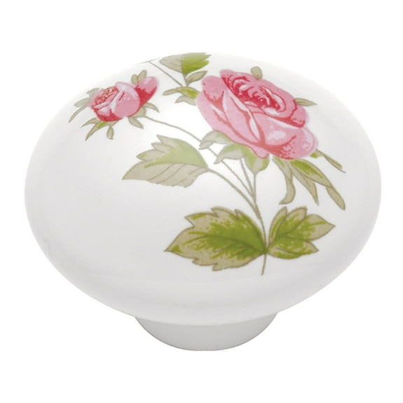 English Cozy Round Knob, 1.37" W x 1.37" W x 1.06" D, Round Knob, White, Vintage, Floral