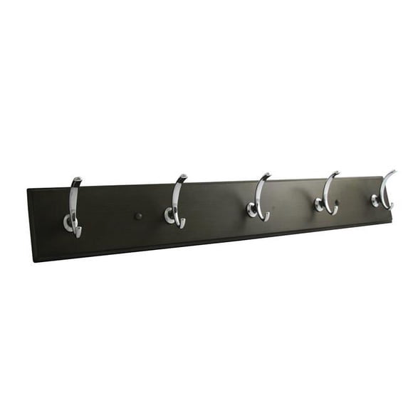 Hickory Hardware S077223-COSN 28 in. Long Luna Collection 5 Coat & Hat Hook Rail, Cocoa Wood Grain with Satin Nickel Finish