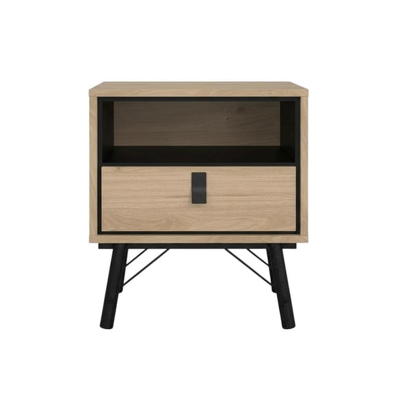 Hickory and Black Nightstand with One Drawer and Open Shelf for Bedroom Decor