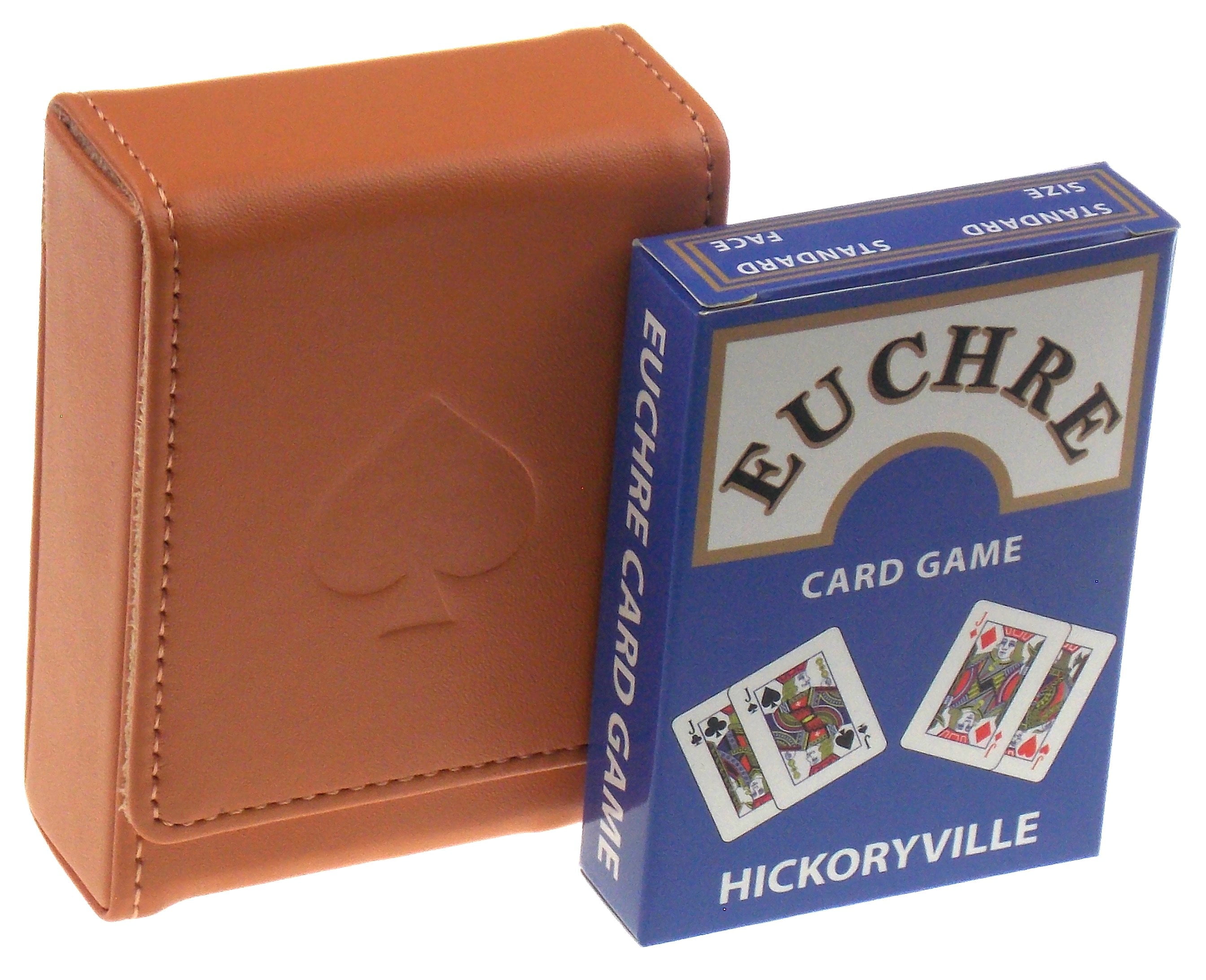 Hickoryville Euchre Playing Cards -2 Euchre Decks in 1 Box with Tan Leather Storage Case
