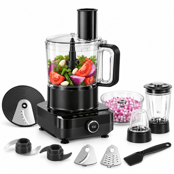 Hicloud 10-Cup Food Processor with 400W Motor, Chopping/Dough Blades, Slicing Disc, Blender, Dry Grinding Cup & Citrus Juicer