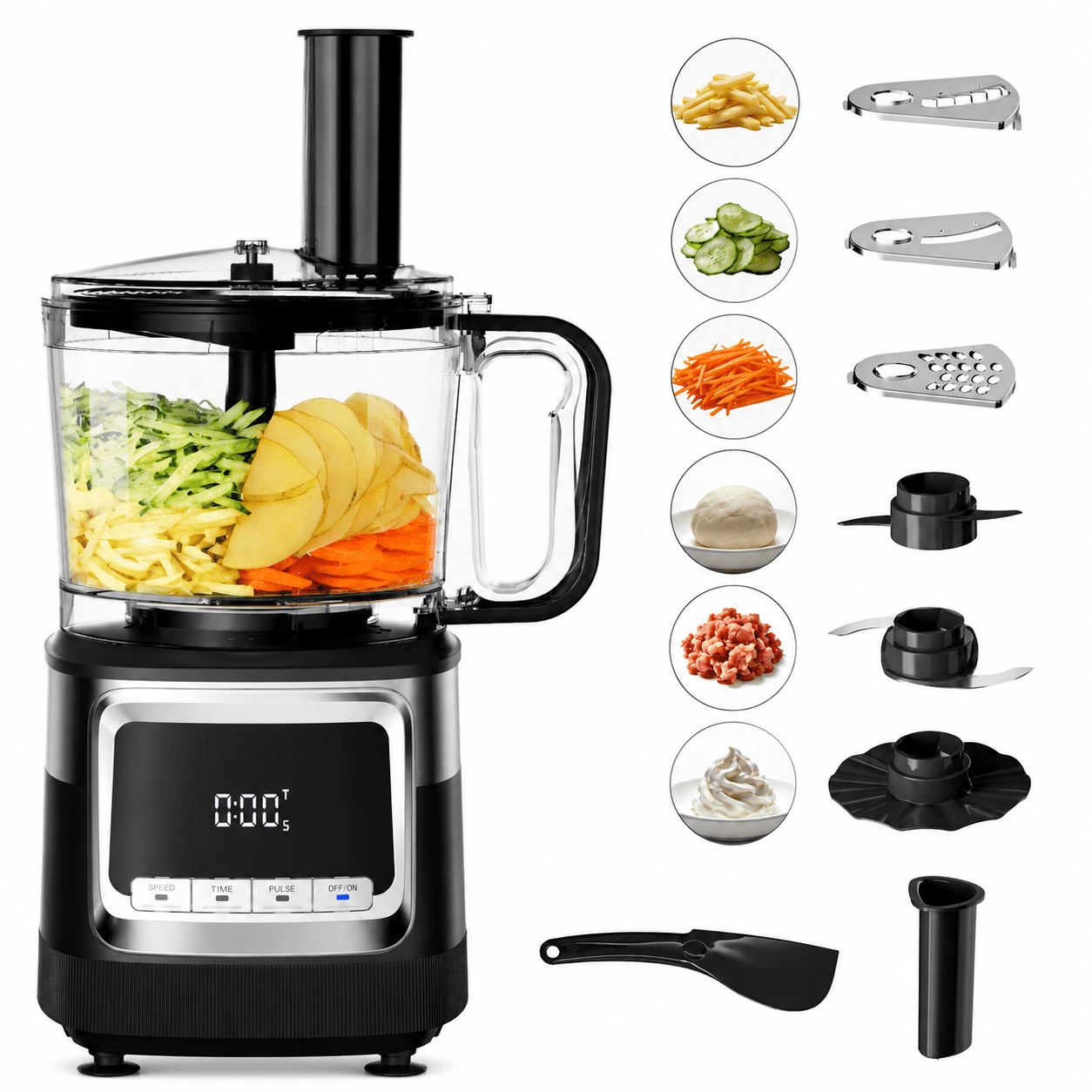 Hicloud Food Processor 12 Cup, Capable of Shredding/Cutting Strips/Slicing/Kneading Dough/Beating Eggs/Mixing, For Mincing Meat or Vegetables, 3-Speed Settings + Pulse