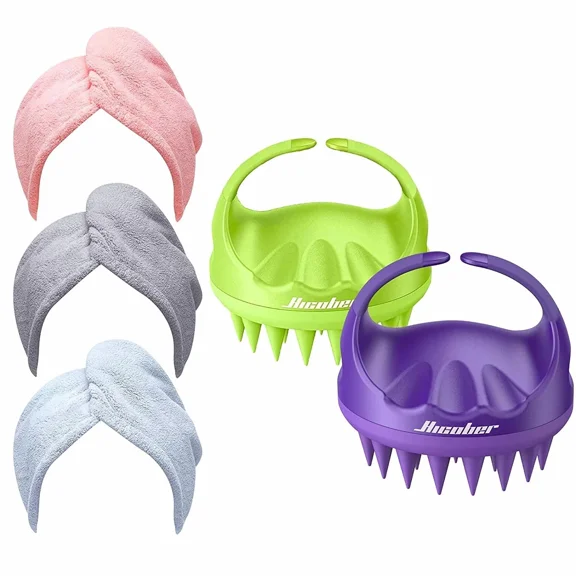 Hicober 2 Pcs Scalp Massager Shampoo Brush & 3 Pcs Microfiber Hair Towel Pack