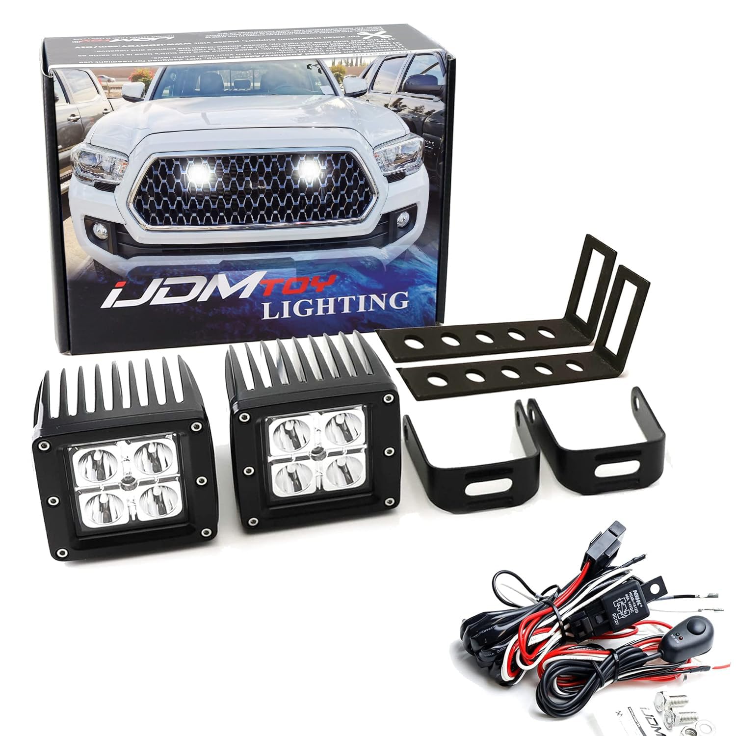 Hidden Behind Grille LED Pod Light Kit For 2016-2023 Toyota Tacoma,  Includes (2) 20W High Power LED Cubes, Behind Hood/Grill Mounting Brackets  & On/Off Switch Wiring Kit