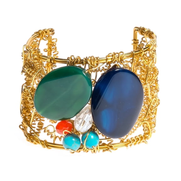 Hidden Butterfly Reconstructed Agate and Simulated Turquoise Adjustable Brass Handmade Cuff