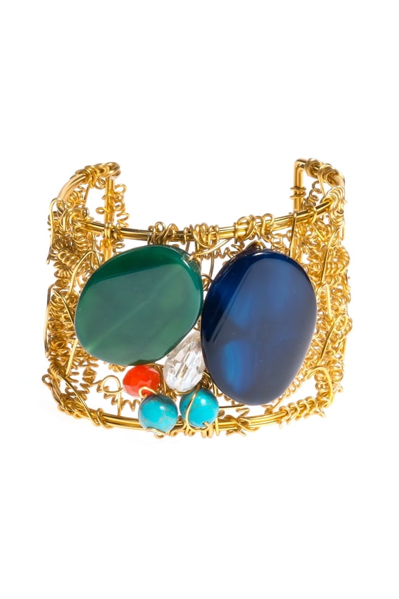 Hidden Butterfly Reconstructed Agate and Simulated Turquoise Adjustable Brass Handmade Cuff