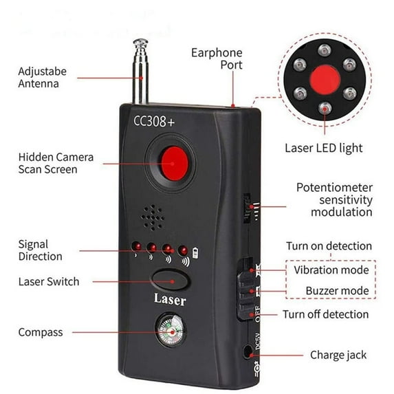 Hidden Camera Detectors, Wireless Lens Detector for Anti Spy Hidden Camera, GSM Audio Bug Detector Finder, Adjustable Detection Sensitivity Signal Bug RF Finder, Black